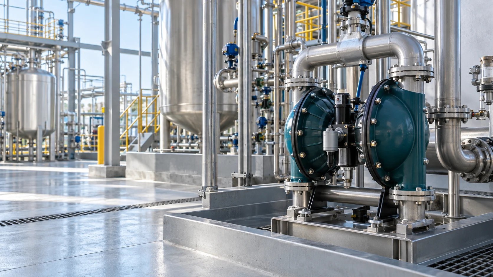 Pompa industriale a doppia membrana installata in un impianto di processo